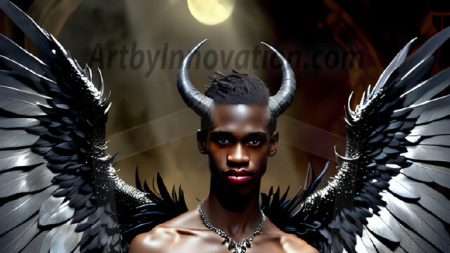 A Dark Angel with huge vibrate feathered wings, enormous and shimmering. Here is a raw, untamed energy that emanates from him. His presence is electrifying, drawing viewers in with his captivating gaze and formidable presence.