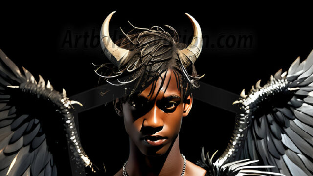 A Dark Angel with huge vibrate feathered wings, enormous and shimmering. Here is a raw, untamed energy that emanates from him. His presence is electrifying, drawing viewers in with his captivating gaze and formidable presence.