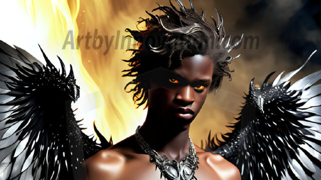 A Dark Angel with huge vibrate feathered wings, enormous and shimmering. Here is a raw, untamed energy that emanates from him. His presence is electrifying, drawing viewers in with his captivating gaze and formidable presence.