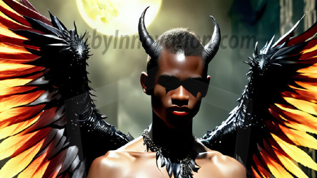 A Dark Angel with huge vibrate feathered wings, enormous and shimmering. Here is a raw, untamed energy that emanates from him. His presence is electrifying, drawing viewers in with his captivating gaze and formidable presence.