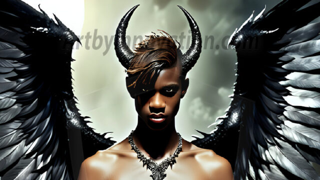 A Dark Angel with huge vibrate feathered wings, enormous and shimmering. Here is a raw, untamed energy that emanates from him. His presence is electrifying, drawing viewers in with his captivating gaze and formidable presence.