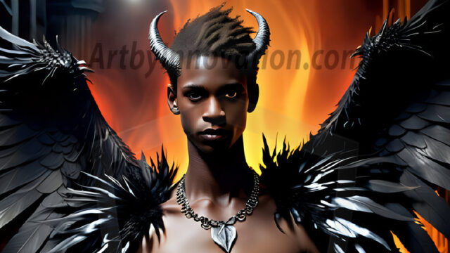 A Dark Angel with huge vibrate feathered wings, enormous and shimmering. Here is a raw, untamed energy that emanates from him. His presence is electrifying, drawing viewers in with his captivating gaze and formidable presence.