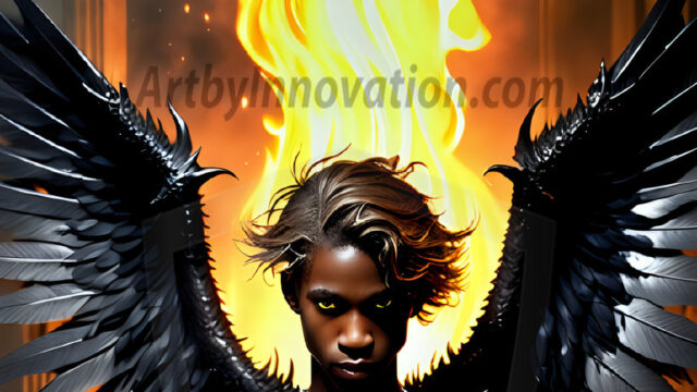 A Dark Angel with huge vibrate feathered wings, enormous and shimmering. Here is a raw, untamed energy that emanates from him. His presence is electrifying, drawing viewers in with his captivating gaze and formidable presence.