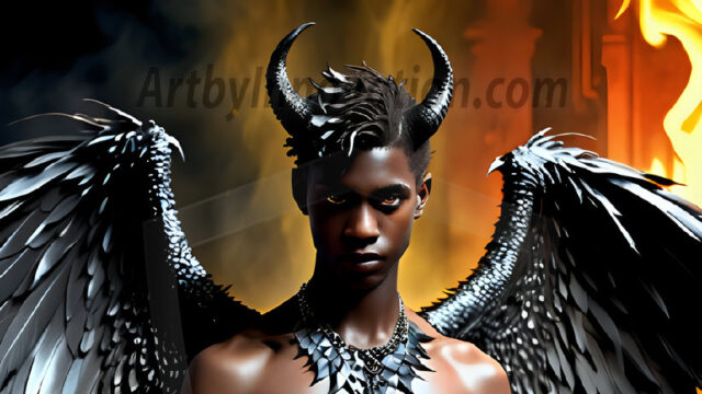 A Dark Angel with huge vibrate feathered wings, enormous and shimmering. Here is a raw, untamed energy that emanates from him. His presence is electrifying, drawing viewers in with his captivating gaze and formidable presence.