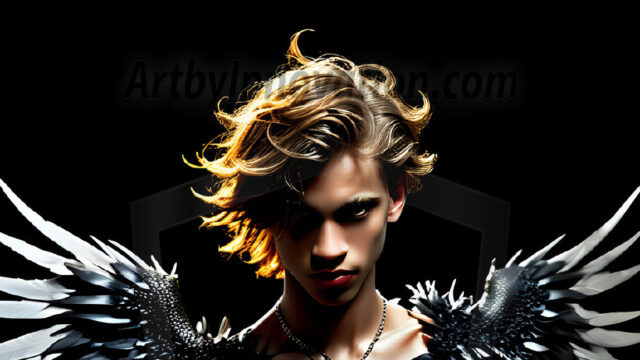 A Dark Angel with huge vibrate feathered wings, enormous and shimmering. Here is a raw, untamed energy that emanates from him. His presence is electrifying, drawing viewers in with his captivating gaze and formidable presence.