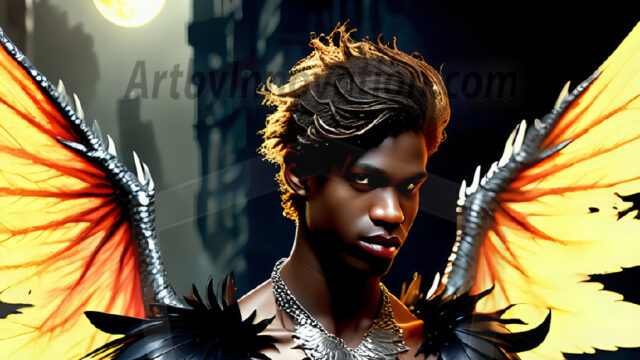 A Dark Angel with huge vibrate feathered wings, enormous and shimmering. Here is a raw, untamed energy that emanates from him. His presence is electrifying, drawing viewers in with his captivating gaze and formidable presence.
