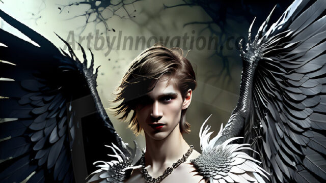 A Dark Angel with huge vibrate feathered wings, enormous and shimmering. Here is a raw, untamed energy that emanates from him. His presence is electrifying, drawing viewers in with his captivating gaze and formidable presence.