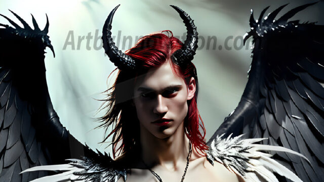 A Dark Angel with huge vibrate feathered wings, enormous and shimmering. Here is a raw, untamed energy that emanates from him. His presence is electrifying, drawing viewers in with his captivating gaze and formidable presence.