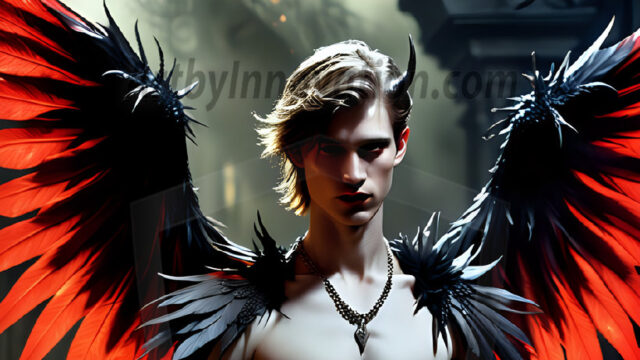 A Dark Angel with huge vibrate feathered wings, enormous and shimmering. Here is a raw, untamed energy that emanates from him. His presence is electrifying, drawing viewers in with his captivating gaze and formidable presence.