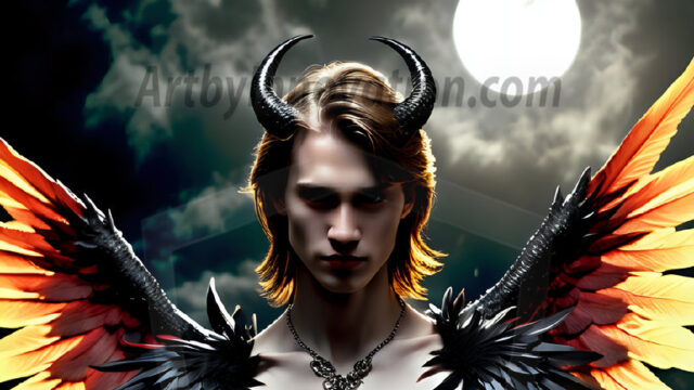 A Dark Angel with huge vibrate feathered wings, enormous and shimmering. Here is a raw, untamed energy that emanates from him. His presence is electrifying, drawing viewers in with his captivating gaze and formidable presence.