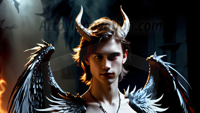 A Dark Angel with huge vibrate feathered wings, enormous and shimmering. Here is a raw, untamed energy that emanates from him. His presence is electrifying, drawing viewers in with his captivating gaze and formidable presence.