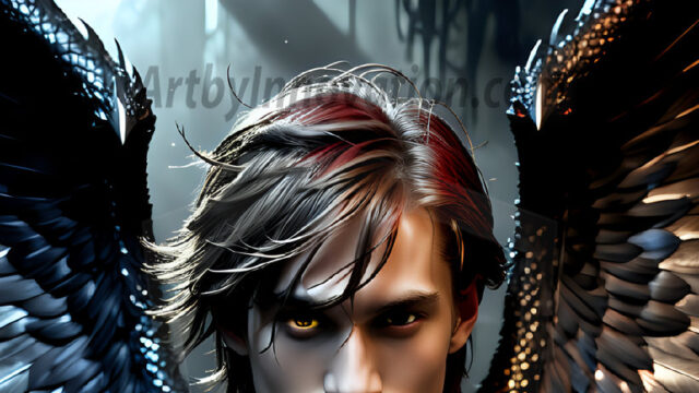 A Dark Angel with huge vibrate feathered wings, enormous and shimmering. Here is a raw, untamed energy that emanates from him. His presence is electrifying, drawing viewers in with his captivating gaze and formidable presence.