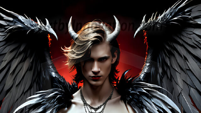 A Dark Angel with huge vibrate feathered wings, enormous and shimmering. Here is a raw, untamed energy that emanates from him. His presence is electrifying, drawing viewers in with his captivating gaze and formidable presence.