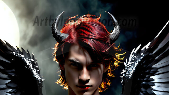 A Dark Angel with huge vibrate feathered wings, enormous and shimmering. Here is a raw, untamed energy that emanates from him. His presence is electrifying, drawing viewers in with his captivating gaze and formidable presence.