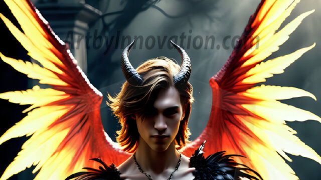 A Dark Angel with huge vibrate feathered wings, enormous and shimmering. Here is a raw, untamed energy that emanates from him. His presence is electrifying, drawing viewers in with his captivating gaze and formidable presence.