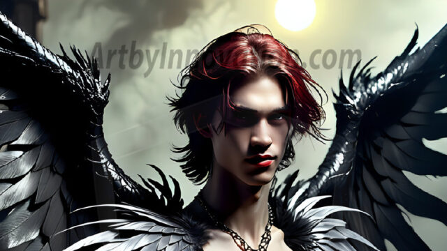 A Dark Angel with huge vibrate feathered wings, enormous and shimmering. Here is a raw, untamed energy that emanates from him. His presence is electrifying, drawing viewers in with his captivating gaze and formidable presence.