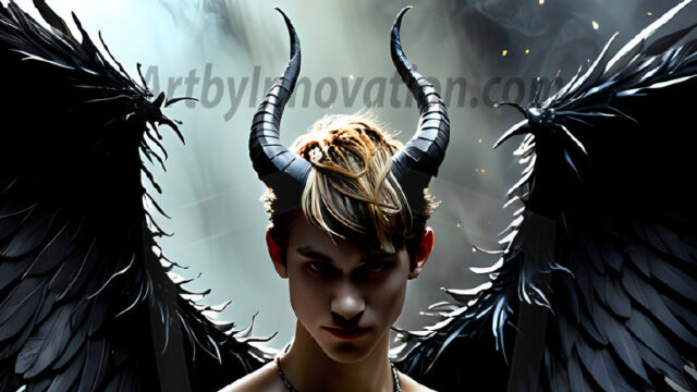 A Dark Angel with huge vibrate feathered wings, enormous and shimmering. Here is a raw, untamed energy that emanates from him. His presence is electrifying, drawing viewers in with his captivating gaze and formidable presence.