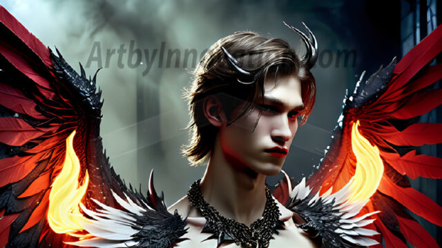 A Dark Angel with huge vibrate feathered wings, enormous and shimmering. Here is a raw, untamed energy that emanates from him. His presence is electrifying, drawing viewers in with his captivating gaze and formidable presence.