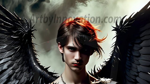 A Dark Angel with huge vibrate feathered wings, enormous and shimmering. Here is a raw, untamed energy that emanates from him. His presence is electrifying, drawing viewers in with his captivating gaze and formidable presence.