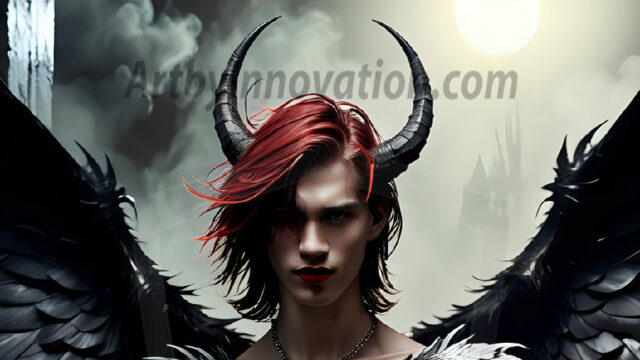 A Dark Angel with huge vibrate feathered wings, enormous and shimmering. Here is a raw, untamed energy that emanates from him. His presence is electrifying, drawing viewers in with his captivating gaze and formidable presence.