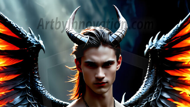 A Dark Angel with huge vibrate feathered wings, enormous and shimmering. Here is a raw, untamed energy that emanates from him. His presence is electrifying, drawing viewers in with his captivating gaze and formidable presence.