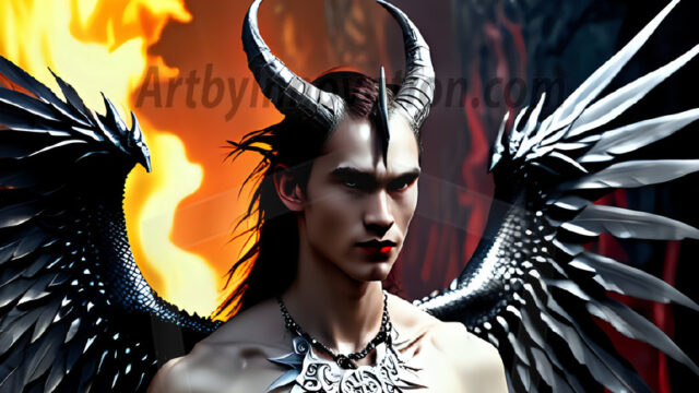 A Dark Angel with huge vibrate feathered wings, enormous and shimmering. Here is a raw, untamed energy that emanates from him. His presence is electrifying, drawing viewers in with his captivating gaze and formidable presence.