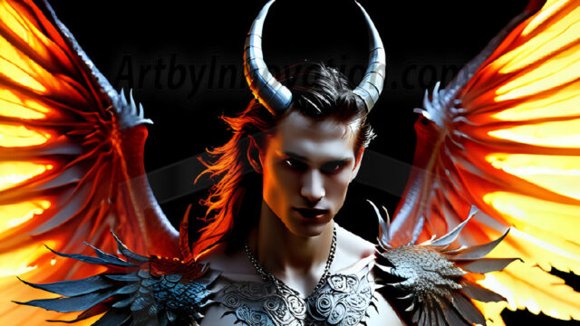 A Dark Angel with huge vibrate feathered wings, enormous and shimmering. Here is a raw, untamed energy that emanates from him. His presence is electrifying, drawing viewers in with his captivating gaze and formidable presence.