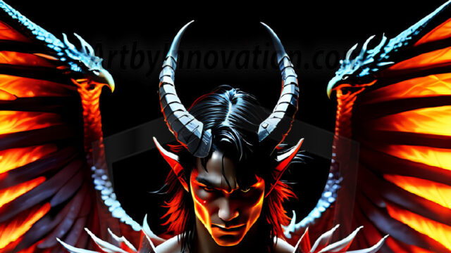 A Dark Angel with huge vibrate feathered wings, enormous and shimmering. Here is a raw, untamed energy that emanates from him. His presence is electrifying, drawing viewers in with his captivating gaze and formidable presence.