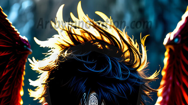 A Dark Angel with huge vibrate feathered wings, enormous and shimmering. Here is a raw, untamed energy that emanates from him. His presence is electrifying, drawing viewers in with his captivating gaze and formidable presence.