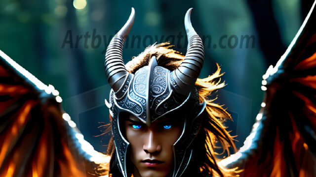 A Dark Angel with huge vibrate feathered wings, enormous and shimmering. Here is a raw, untamed energy that emanates from him. His presence is electrifying, drawing viewers in with his captivating gaze and formidable presence.