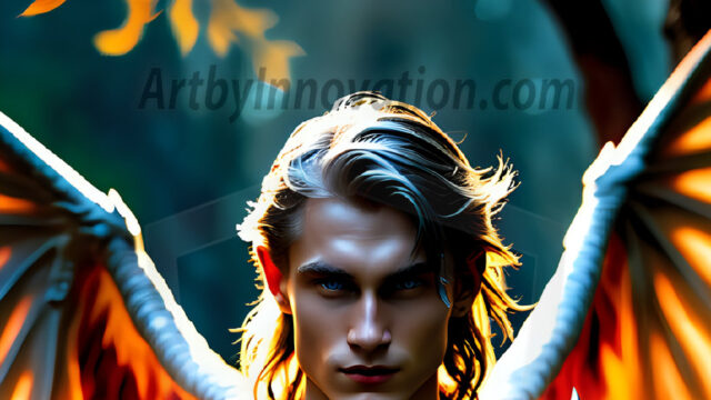 A Dark Angel with huge vibrate feathered wings, enormous and shimmering. Here is a raw, untamed energy that emanates from him. His presence is electrifying, drawing viewers in with his captivating gaze and formidable presence.