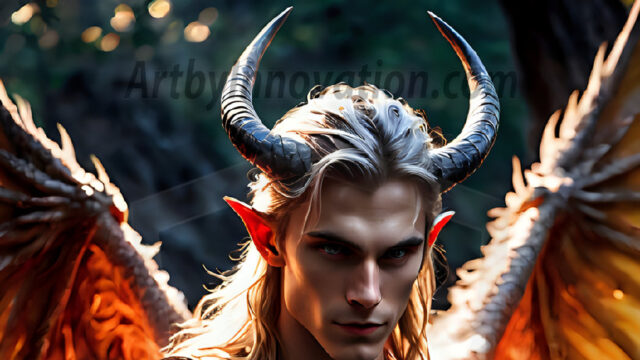 A Dark Angel with huge vibrate feathered wings, enormous and shimmering. Here is a raw, untamed energy that emanates from him. His presence is electrifying, drawing viewers in with his captivating gaze and formidable presence.