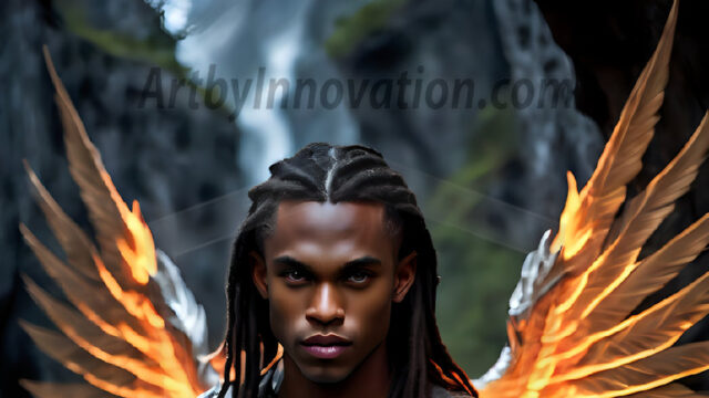 A Dark Angel with huge vibrate feathered wings, enormous and shimmering. Here is a raw, untamed energy that emanates from him. His presence is electrifying, drawing viewers in with his captivating gaze and formidable presence.