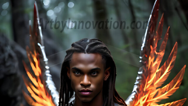 A Dark Angel with huge vibrate feathered wings, enormous and shimmering. Here is a raw, untamed energy that emanates from him. His presence is electrifying, drawing viewers in with his captivating gaze and formidable presence.