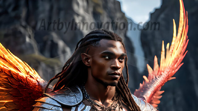 A Dark Angel with huge vibrate feathered wings, enormous and shimmering. Here is a raw, untamed energy that emanates from him. His presence is electrifying, drawing viewers in with his captivating gaze and formidable presence.