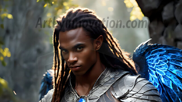 A Dark Angel with huge vibrate feathered wings, enormous and shimmering. Here is a raw, untamed energy that emanates from him. His presence is electrifying, drawing viewers in with his captivating gaze and formidable presence.