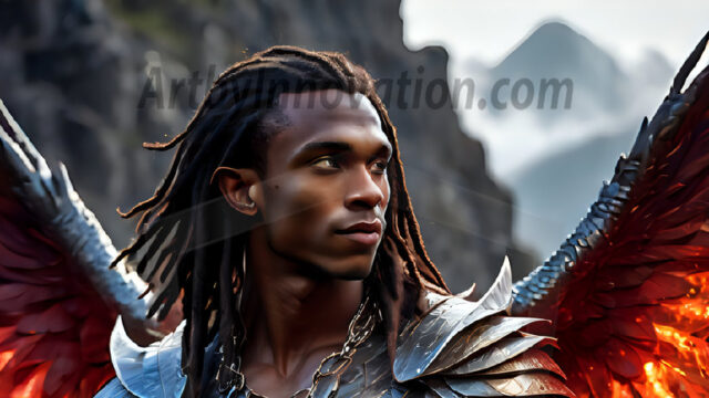 A Dark Angel with huge vibrate feathered wings, enormous and shimmering. Here is a raw, untamed energy that emanates from him. His presence is electrifying, drawing viewers in with his captivating gaze and formidable presence.