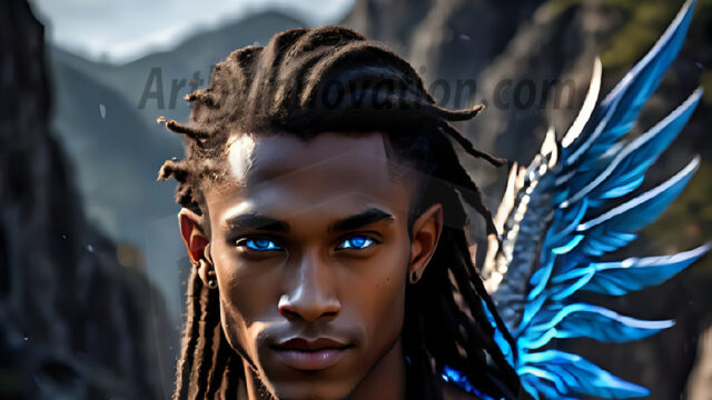 A Dark Angel with huge vibrate feathered wings, enormous and shimmering. Here is a raw, untamed energy that emanates from him. His presence is electrifying, drawing viewers in with his captivating gaze and formidable presence.