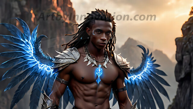 A Dark Angel with huge vibrate feathered wings, enormous and shimmering. Here is a raw, untamed energy that emanates from him. His presence is electrifying, drawing viewers in with his captivating gaze and formidable presence.