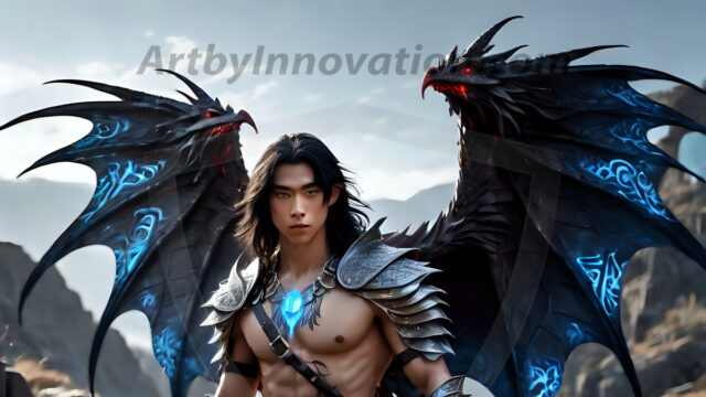 A Dark Angel with huge vibrate feathered wings, enormous and shimmering. Here is a raw, untamed energy that emanates from him. His presence is electrifying, drawing viewers in with his captivating gaze and formidable presence.