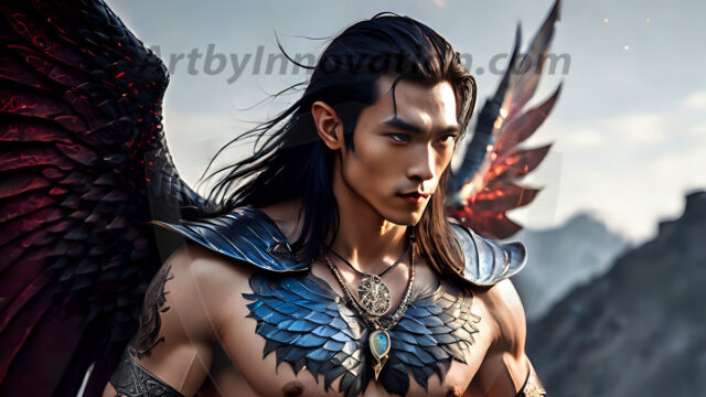 A Dark Angel with huge vibrate feathered wings, enormous and shimmering. Here is a raw, untamed energy that emanates from him. His presence is electrifying, drawing viewers in with his captivating gaze and formidable presence.