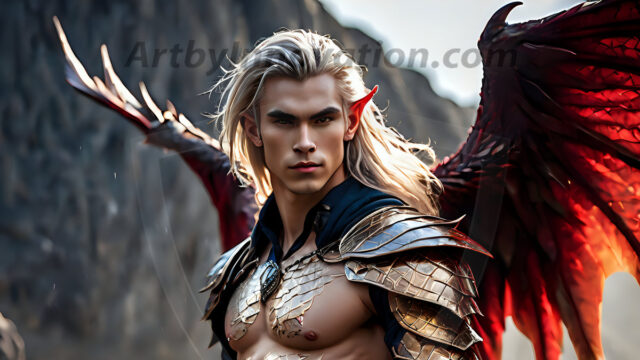 A Dark Angel with huge vibrate feathered wings, enormous and shimmering. Here is a raw, untamed energy that emanates from him. His presence is electrifying, drawing viewers in with his captivating gaze and formidable presence.