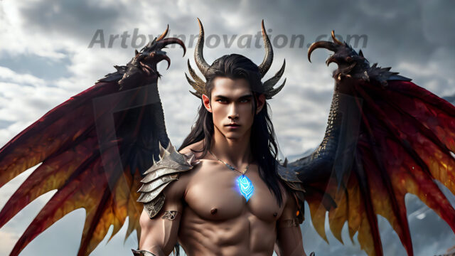 A Dark Angel with huge vibrate feathered wings, enormous and shimmering. Here is a raw, untamed energy that emanates from him. His presence is electrifying, drawing viewers in with his captivating gaze and formidable presence.