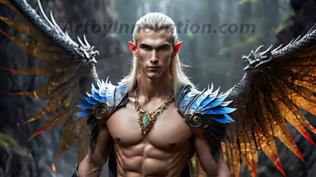 A Dark Angel with huge vibrate feathered wings, enormous and shimmering. Here is a raw, untamed energy that emanates from him. His presence is electrifying, drawing viewers in with his captivating gaze and formidable presence.