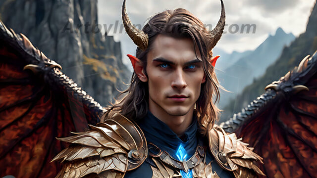 A Dark Angel with huge vibrate feathered wings, enormous and shimmering. Here is a raw, untamed energy that emanates from him. His presence is electrifying, drawing viewers in with his captivating gaze and formidable presence.