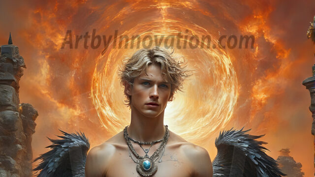 A Dark Angel with huge vibrate feathered wings, enormous and shimmering. Here is a raw, untamed energy that emanates from him. His presence is electrifying, drawing viewers in with his captivating gaze and formidable presence.