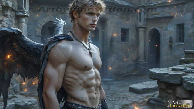 A Dark Angel with huge vibrate feathered wings, enormous and shimmering. Here is a raw, untamed energy that emanates from him. His presence is electrifying, drawing viewers in with his captivating gaze and formidable presence.