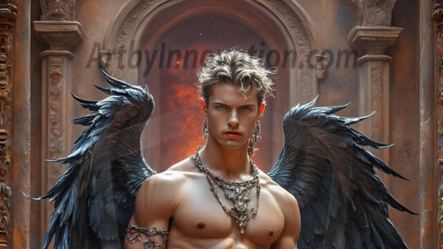 A Dark Angel with huge vibrate feathered wings, enormous and shimmering. Here is a raw, untamed energy that emanates from him. His presence is electrifying, drawing viewers in with his captivating gaze and formidable presence.