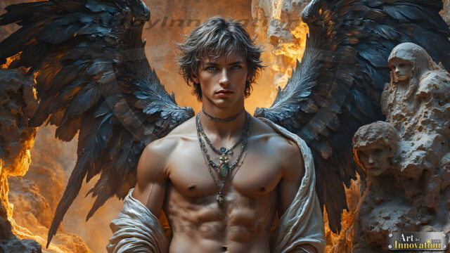 A Dark Angel with huge vibrate feathered wings, enormous and shimmering. Here is a raw, untamed energy that emanates from him. His presence is electrifying, drawing viewers in with his captivating gaze and formidable presence.