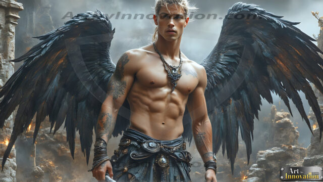 A Dark Angel with huge vibrate feathered wings, enormous and shimmering. Here is a raw, untamed energy that emanates from him. His presence is electrifying, drawing viewers in with his captivating gaze and formidable presence.
